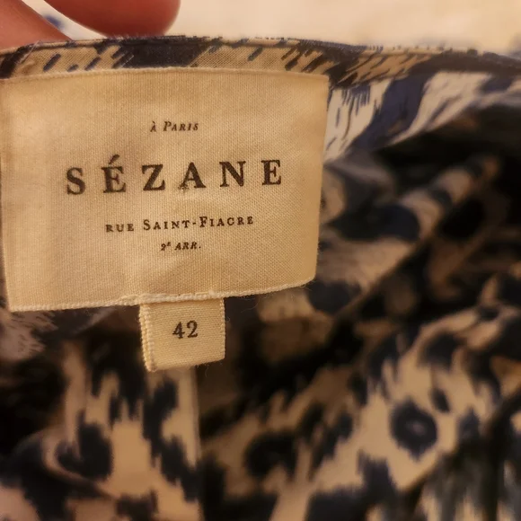 Sezane Printed Ruffle Cotyon Blue Button Down Blouse Size 42 US 10 - Picture 2 of 12
